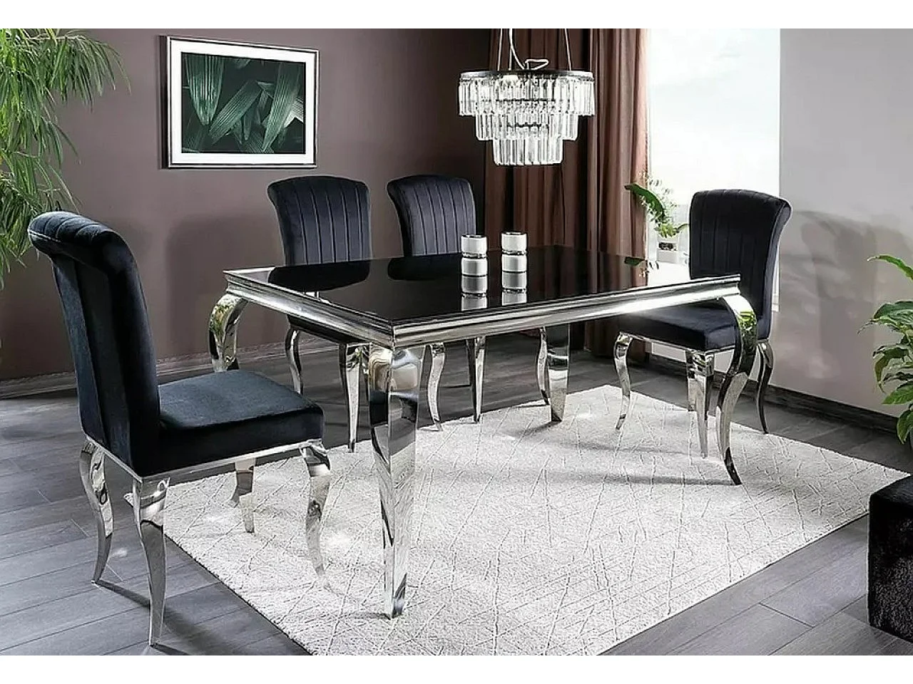 Table de salle à manger  Prince L (90x180)/Verre/Noir&Argent