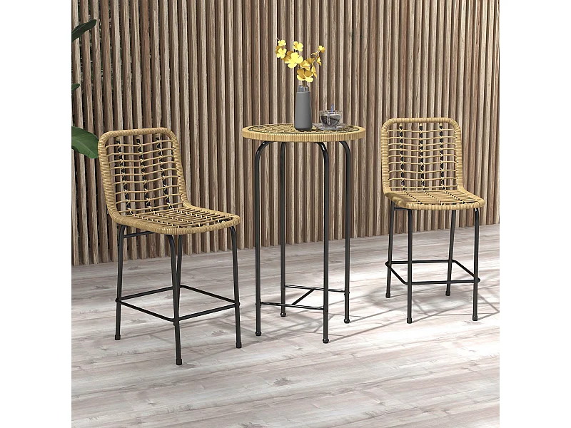 Ensemble de bar de jardin 3 pcs style colonial - 2 tabourets, table - métal époxy résine tressée aspect rotin