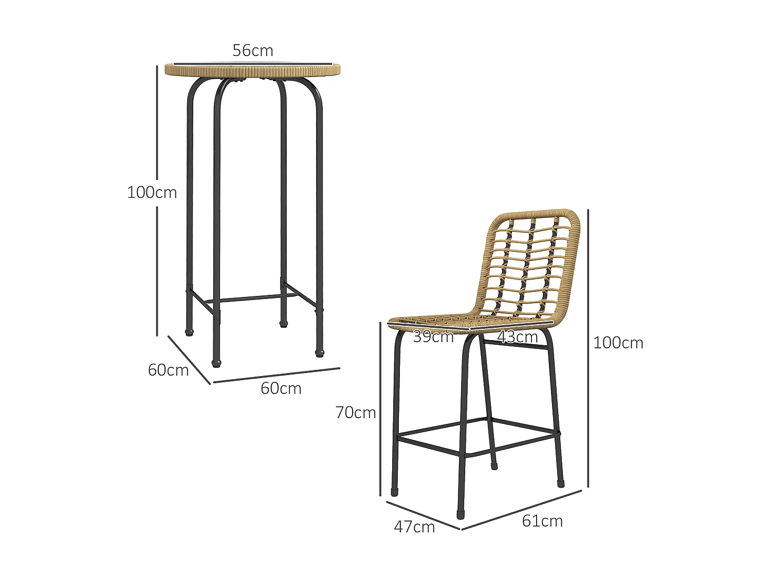 Ensemble de bar de jardin 3 pcs style colonial - 2 tabourets, table - métal époxy résine tressée aspect rotin