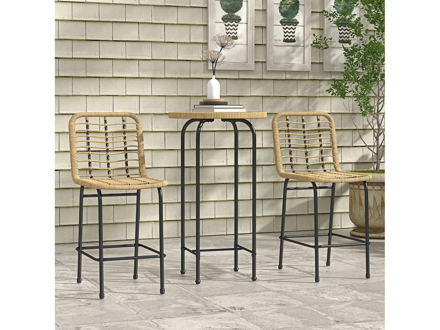 Ensemble de bar de jardin 3 pcs style colonial - 2 tabourets, table - métal époxy résine tressée aspect rotin