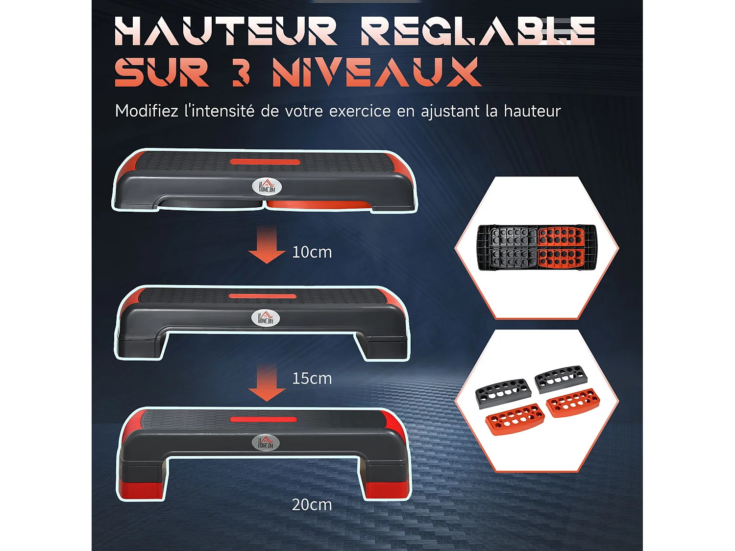 Stepper Fitness Aerobic hauteur reglable surface antiderapante dim. 78L x 28l x 10/15/20H cm PP noir rouge