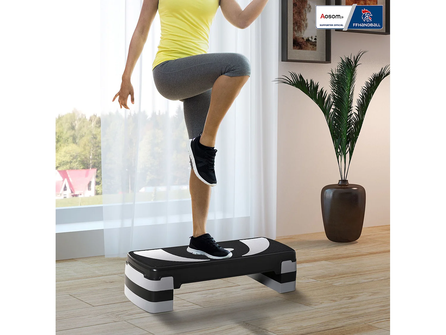 Stepper fitness aerobic - collaboration Aosom.fr x FFHandball - hauteur reglable surface antiderapante - noir gris