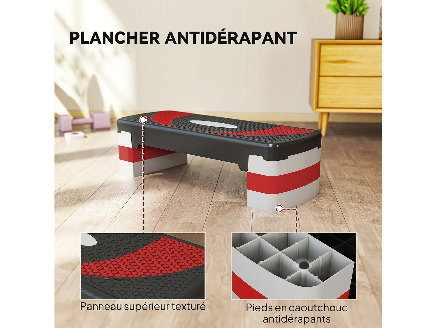 Stepper fitness aerobic - collaboration Aosom.fr x FFHandball - hauteur reglable surface antiderapante - noir gris