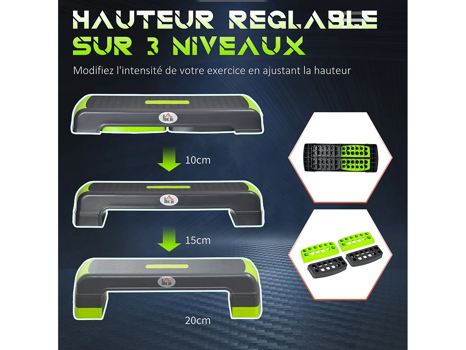 Stepper Fitness Aerobic hauteur reglable surface antiderapante dim. 78L x 28l x 10/15/20H cm PP noir vert