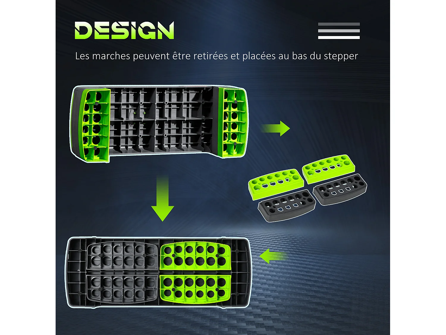 Stepper Fitness Aerobic hauteur reglable surface antiderapante dim. 78L x 28l x 10/15/20H cm PP noir vert