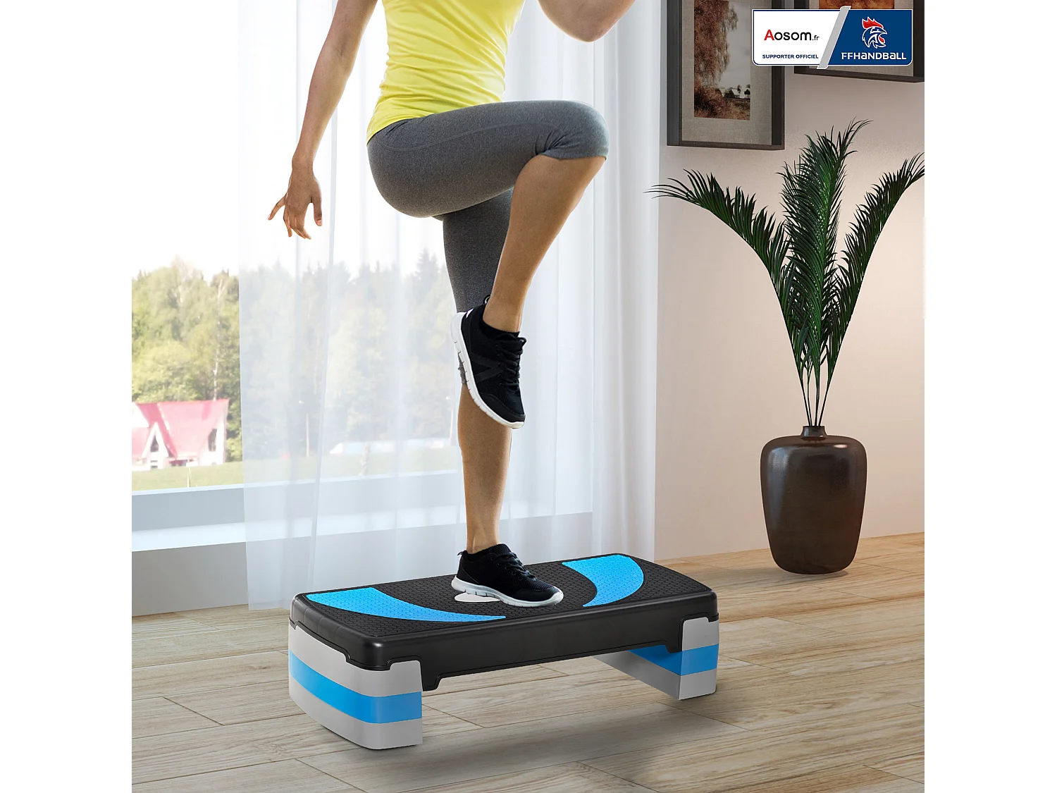 Stepper fitness aerobic - collaboration Aosom.fr x FFHandball - hauteur reglable surface antiderapante - noir bleu