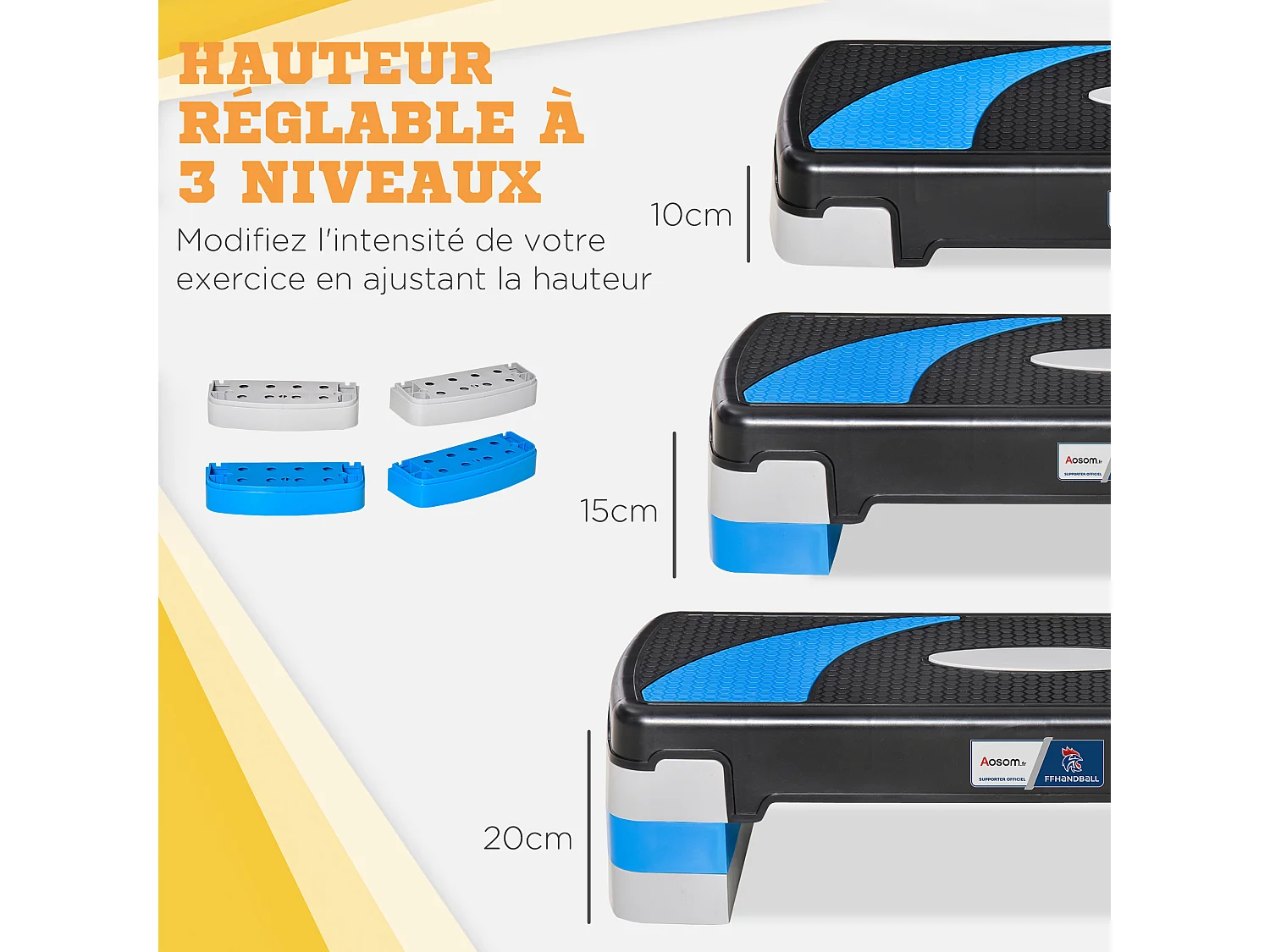 Stepper fitness aerobic - collaboration Aosom.fr x FFHandball - hauteur reglable surface antiderapante - noir bleu
