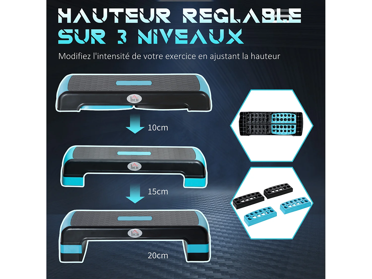 Stepper Fitness Aerobic hauteur reglable surface antiderapante dim. 78L x 28l x 10/15/20H cm PP noir bleu