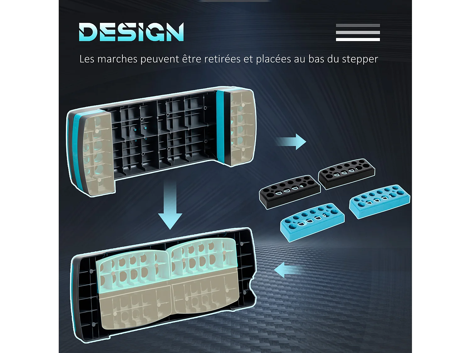 Stepper Fitness Aerobic hauteur reglable surface antiderapante dim. 78L x 28l x 10/15/20H cm PP noir bleu