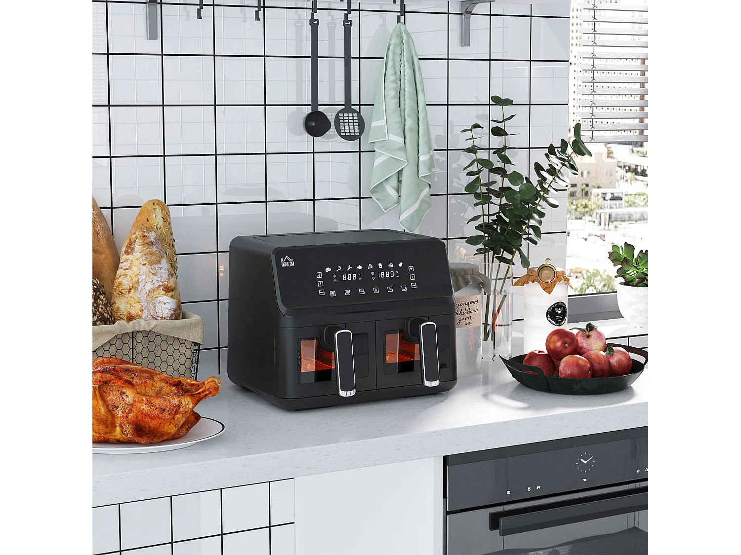 Friteuse à air 2 paniers 2500W 8L - air fryer multifonction 8 programmes - température réglable - timer 60 min. - noir