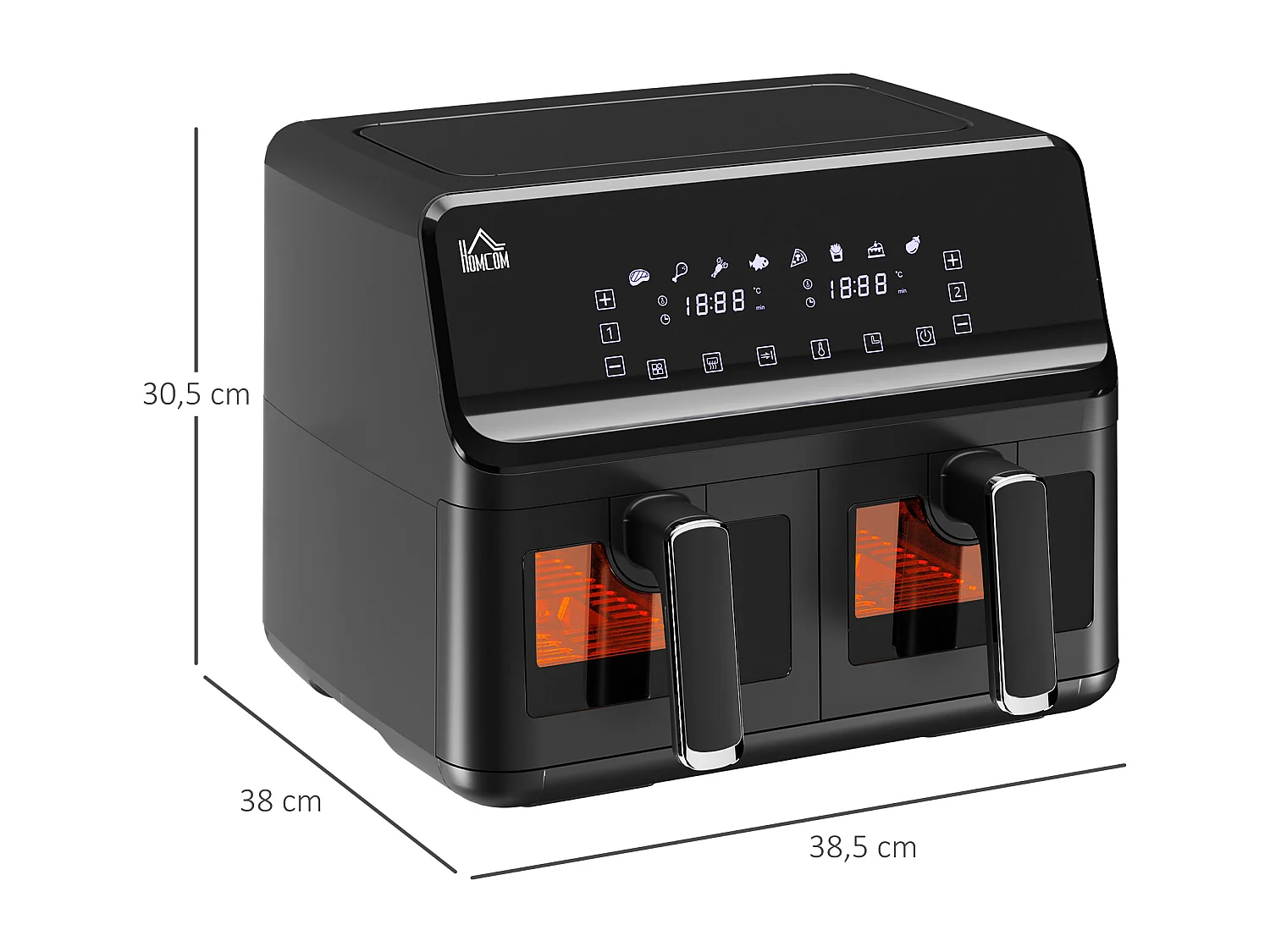 Friteuse à air 2 paniers 2500W 8L - air fryer multifonction 8 programmes - température réglable - timer 60 min. - noir