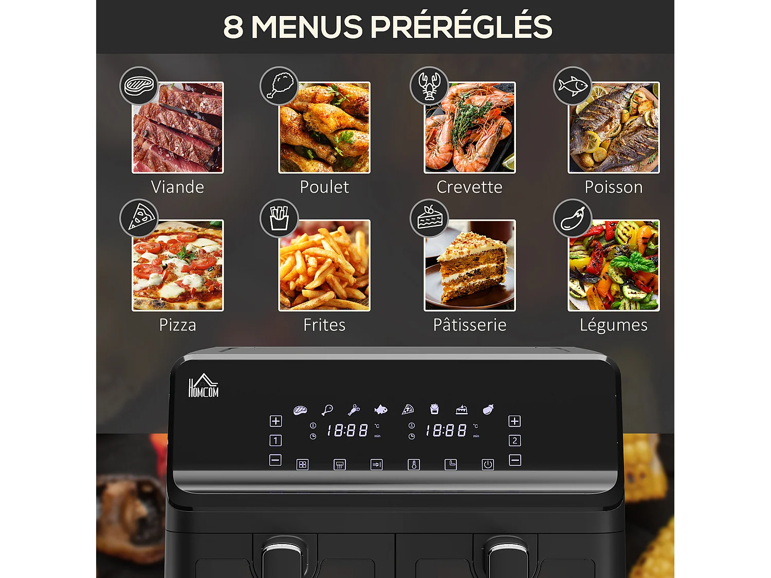 Friteuse à air 2 paniers 2500W 8L - air fryer multifonction 8 programmes - température réglable - timer 60 min. - noir