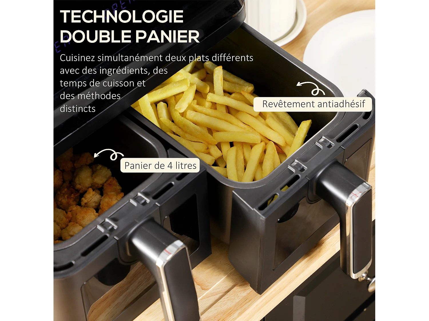 Friteuse à air 2 paniers 2500W 8L - air fryer multifonction 8 programmes - température réglable - timer 60 min. - noir
