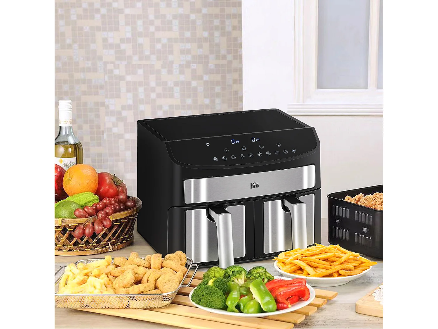 Friteuse à air sans huile air fryer double compartiment total 8L - 2400W - 10 programmes, température réglable, timer - noir