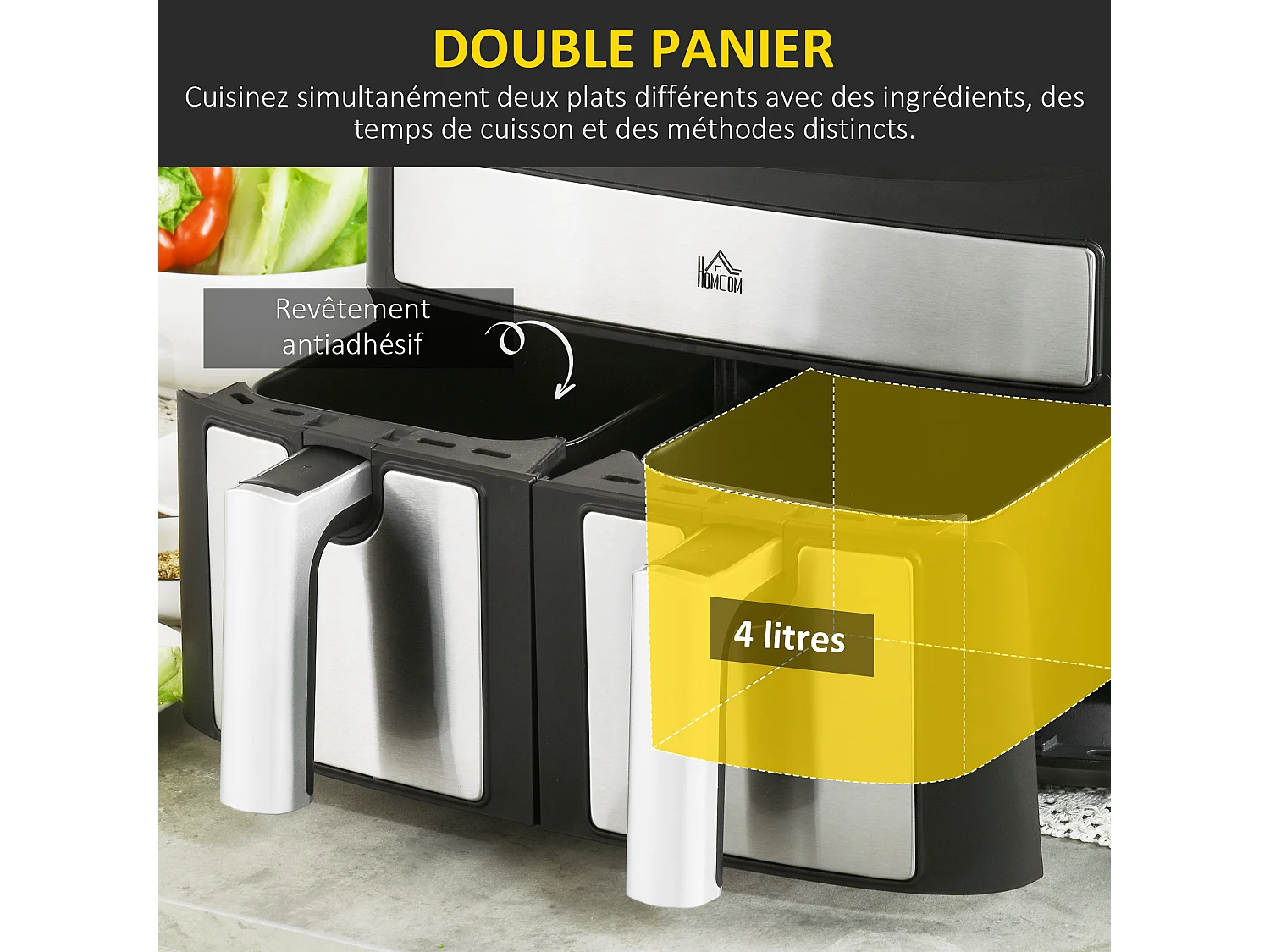 Friteuse à air sans huile air fryer double compartiment total 8L - 2400W - 10 programmes, température réglable, timer - noir