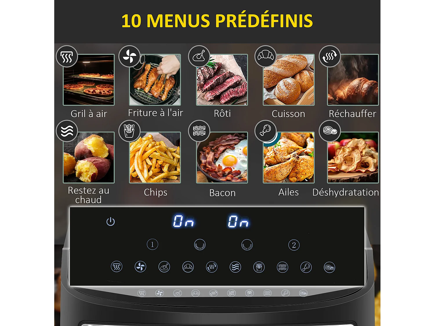 Friteuse à air sans huile air fryer double compartiment total 8L - 2400W - 10 programmes, température réglable, timer - noir