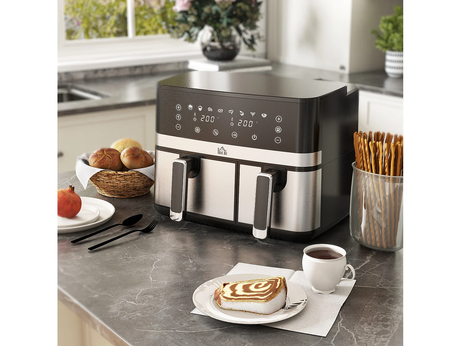 Friteuse à air 2700W - air fryer - double compartiment 8,5L - 8 programmes, température réglable, timer, 2 paniers - noir