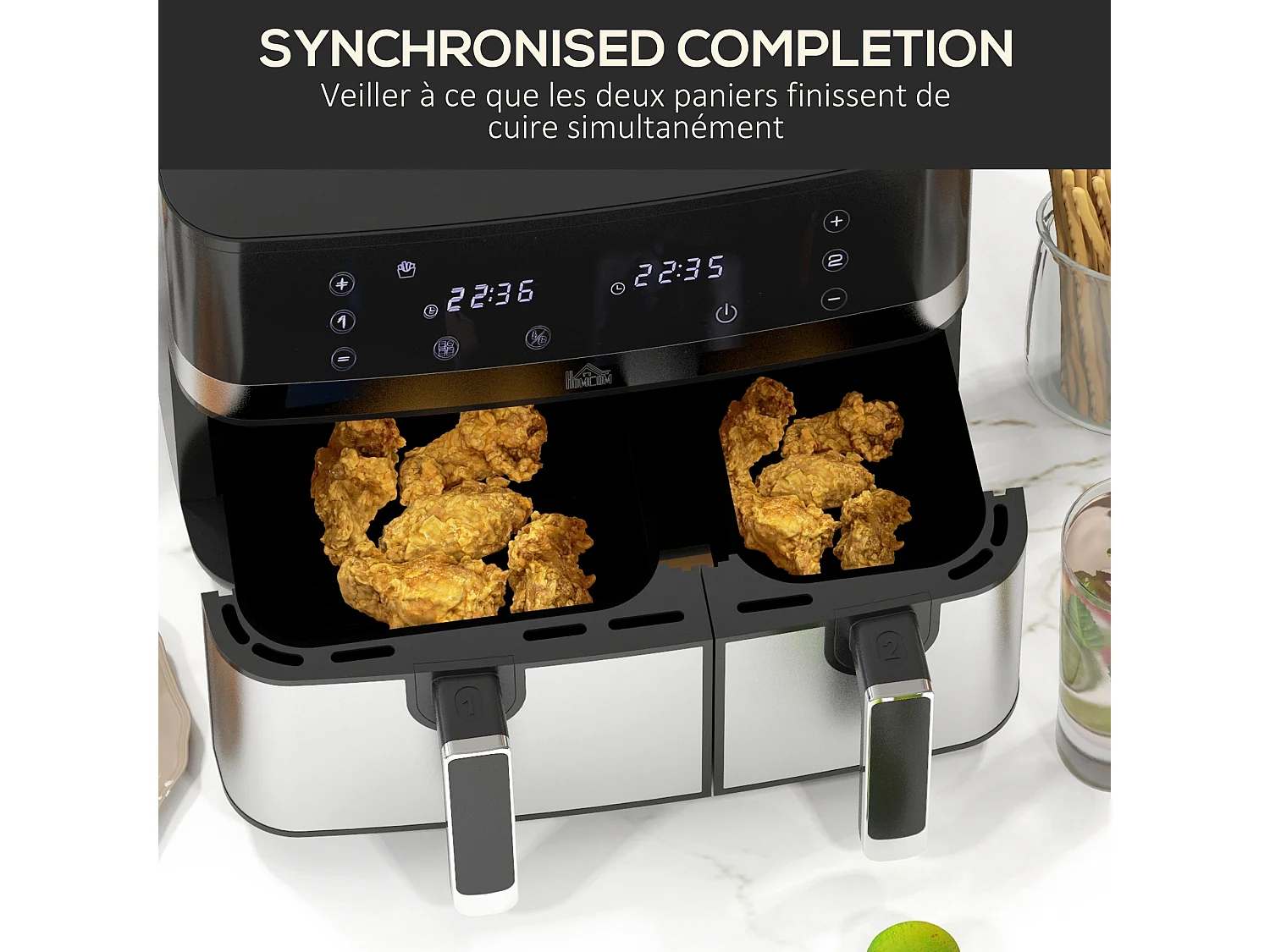 Friteuse à air 2700W - air fryer - double compartiment 8,5L - 8 programmes, température réglable, timer, 2 paniers - noir