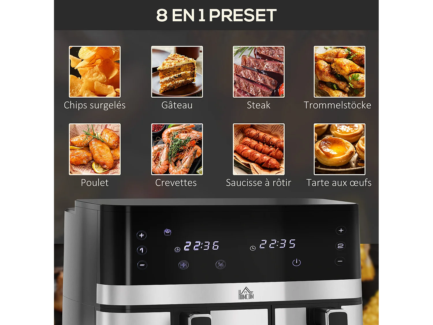 Friteuse à air 2700W - air fryer - double compartiment 8,5L - 8 programmes, température réglable, timer, 2 paniers - noir