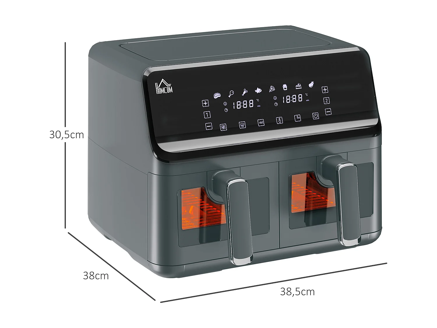 Friteuse à air 2 paniers 2500W 8L - air fryer multifonction 8 programmes - température réglable - timer 60 min. - noir