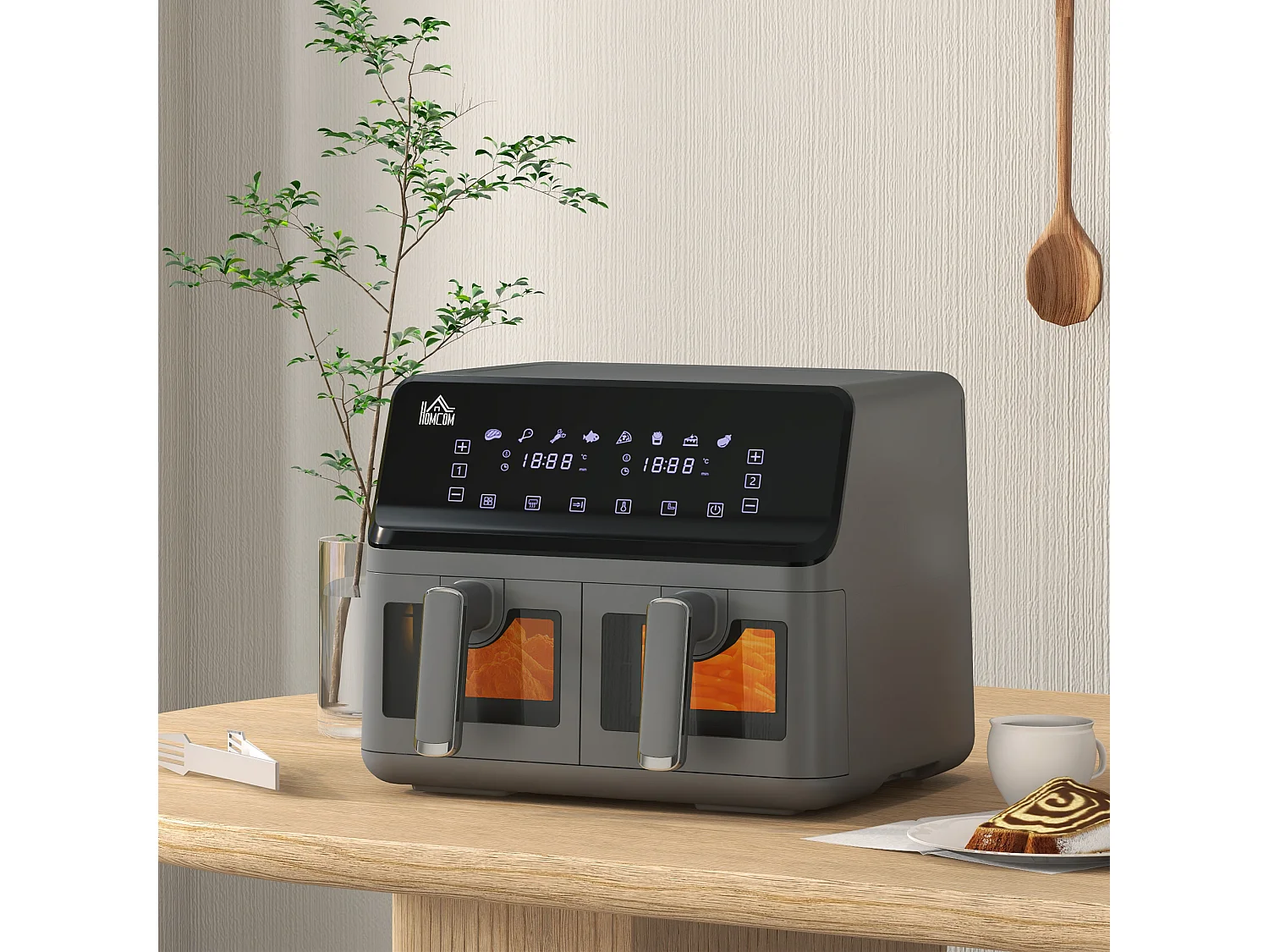 Friteuse à air 2 paniers 2500W 8L - air fryer multifonction 8 programmes - température réglable - timer 60 min. - noir