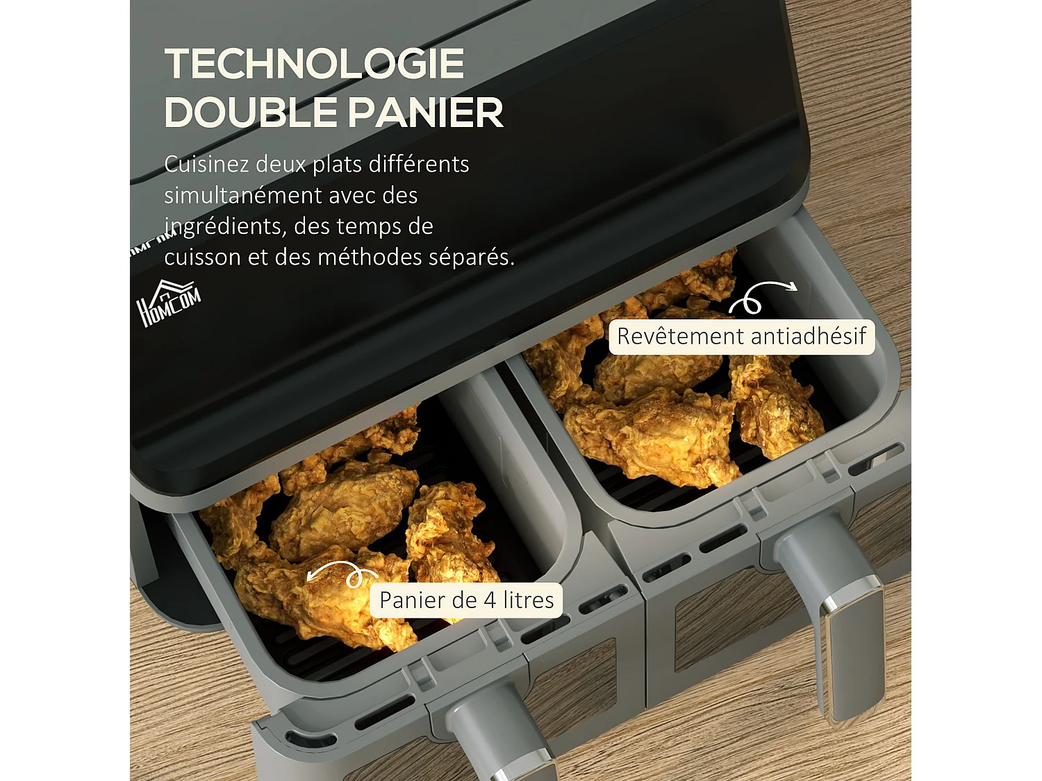 Friteuse à air 2 paniers 2500W 8L - air fryer multifonction 8 programmes - température réglable - timer 60 min. - noir