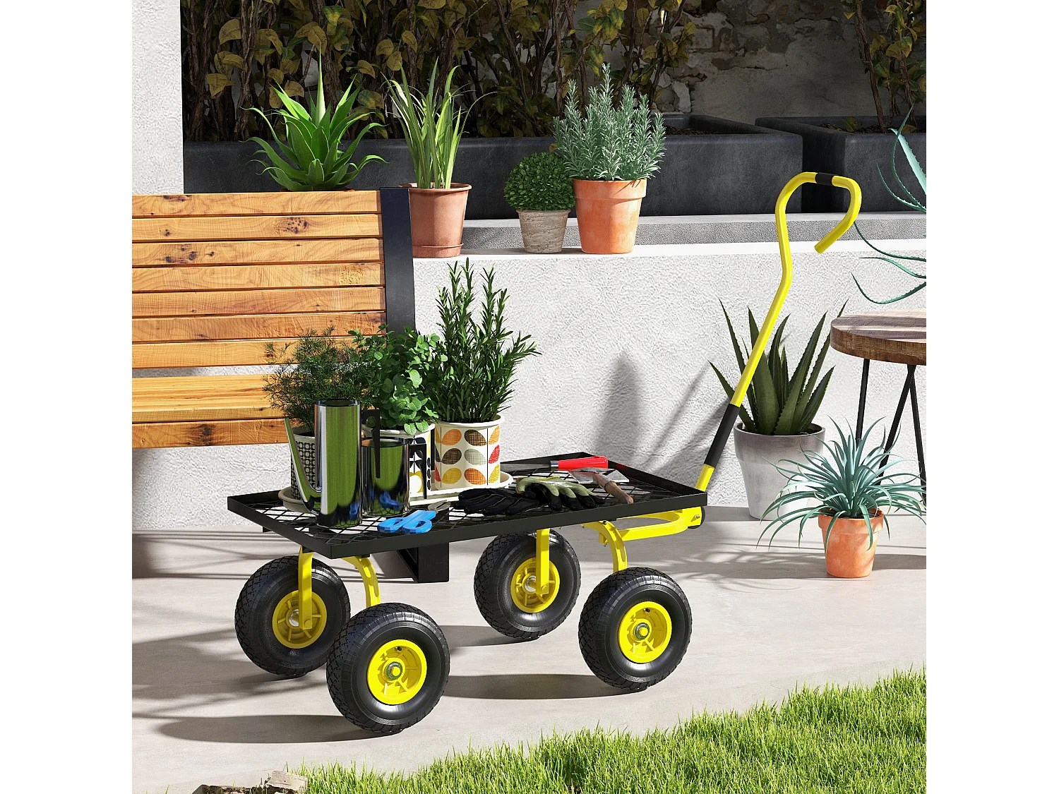 Chariot de transport jardin remorque à main charrette à bras 4 roues charge max. 150 Kg acier noir jaune