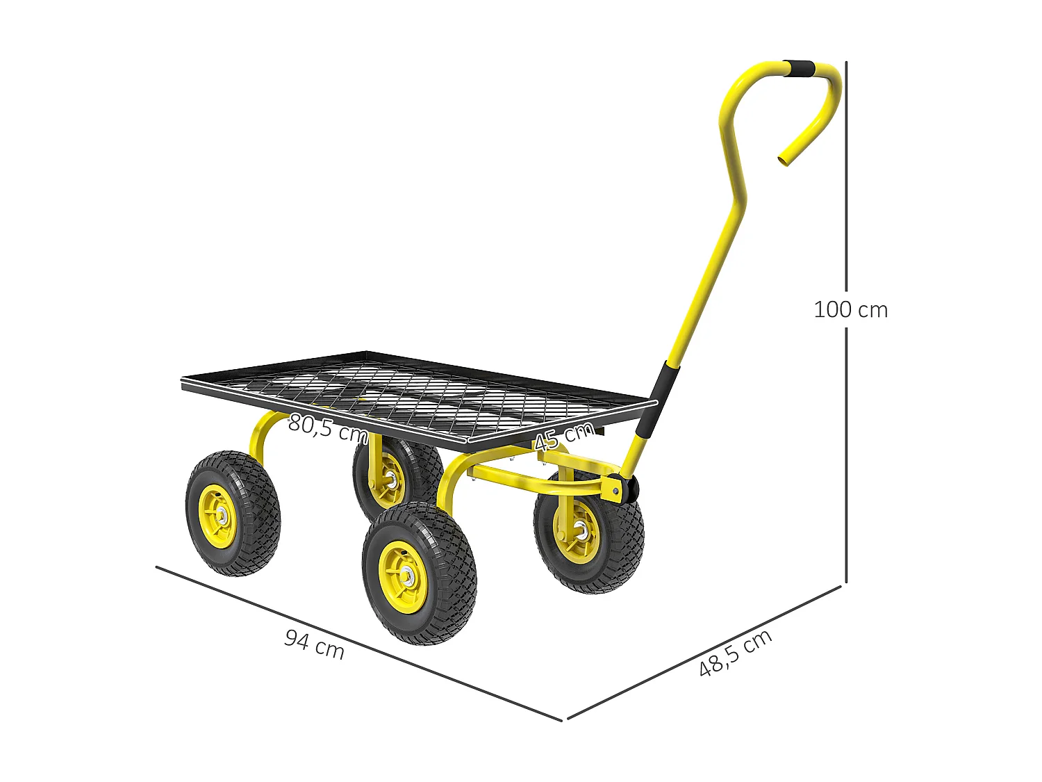 Chariot de transport jardin remorque à main charrette à bras 4 roues charge max. 150 Kg acier noir jaune