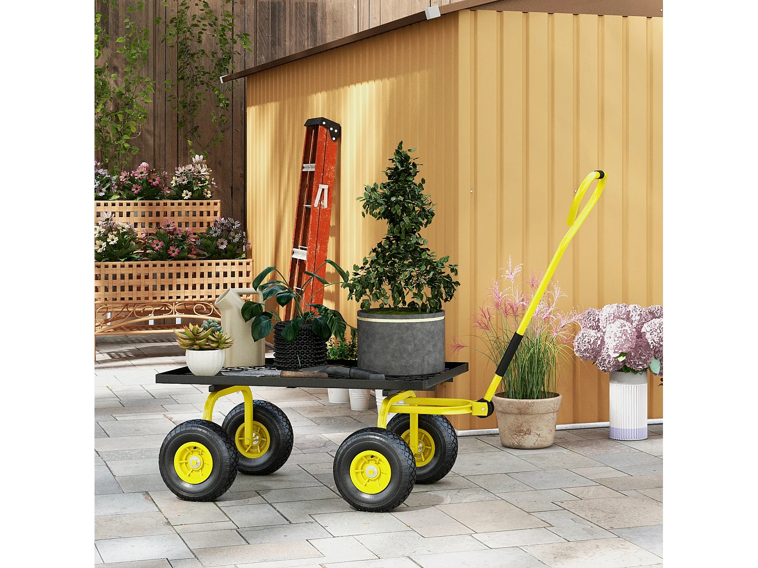Chariot de transport jardin remorque à main charrette à bras 4 roues charge max. 150 Kg acier noir jaune