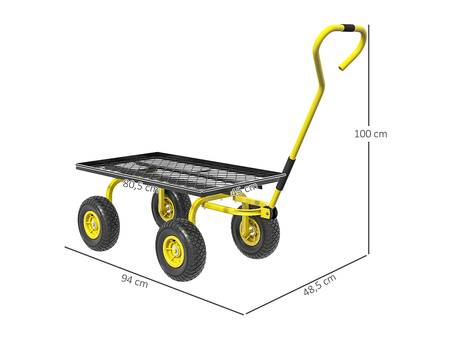 Chariot de transport jardin remorque à main charrette à bras 4 roues charge max. 150 Kg acier noir jaune