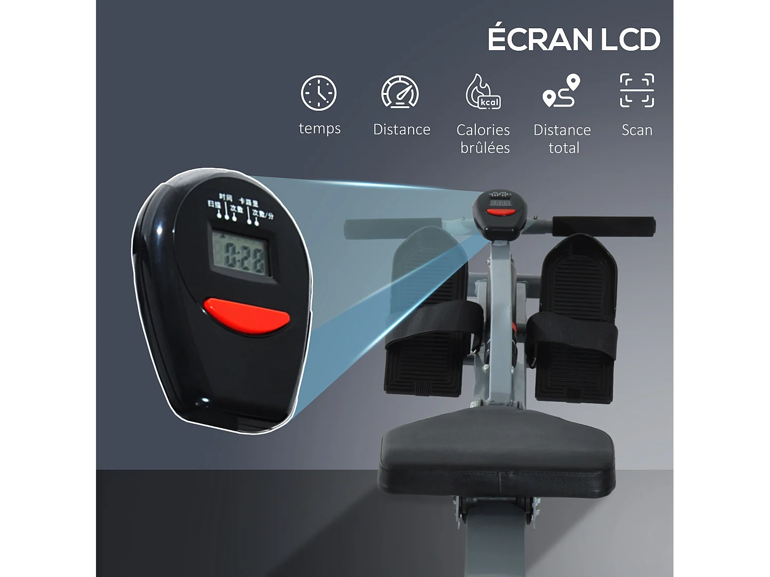 Rameur d'appartement appareil de Fitness et musculation cardio training écran LCD multifonction acier gris et noir