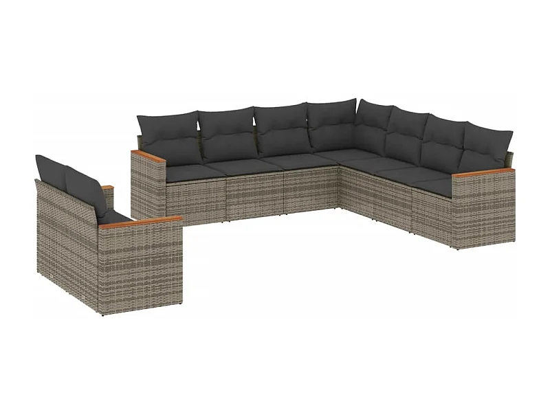 9-delige Loungeset met kussens poly rattan grijs