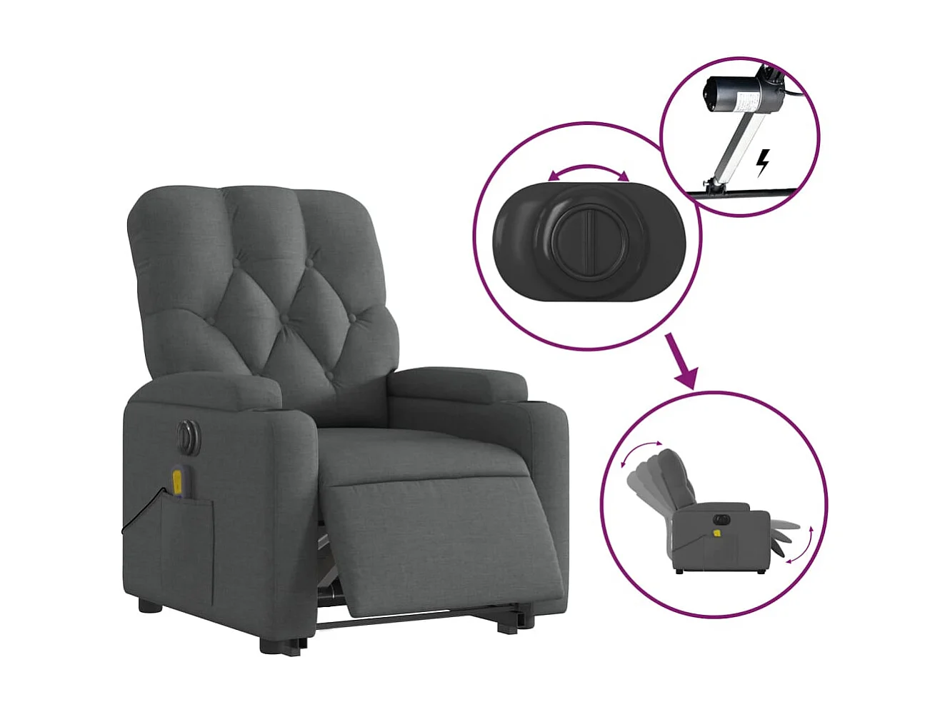 Sillón de masaje eléctrico reclinable elevable tela gris oscuro