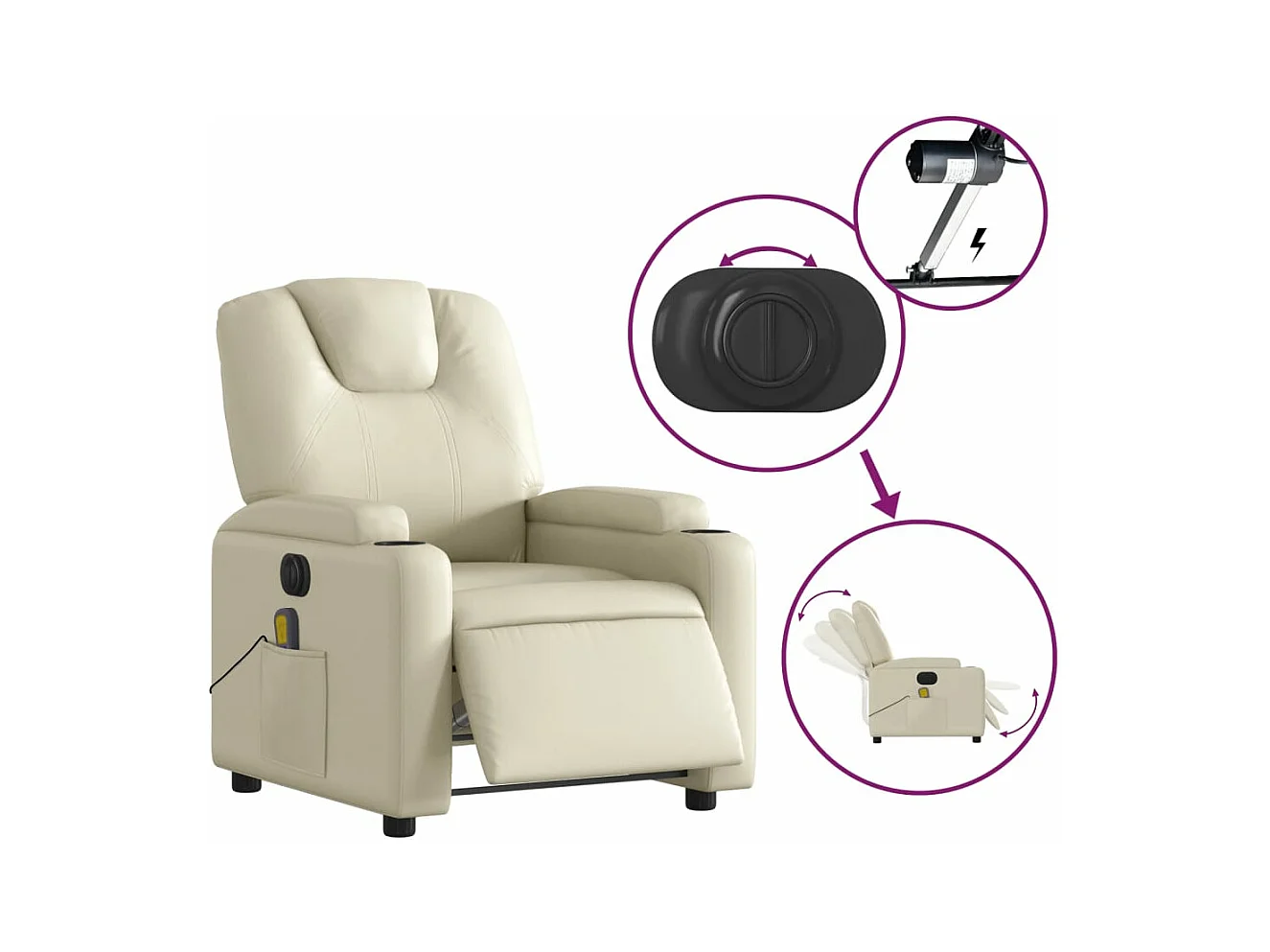 Fauteuil massant inclinable électrique crème similicuir