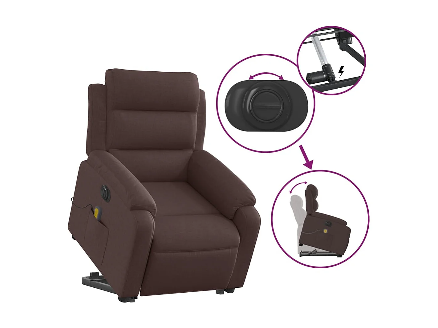 Sillón masaje eléctrico reclinable elevable tela marrón oscuro