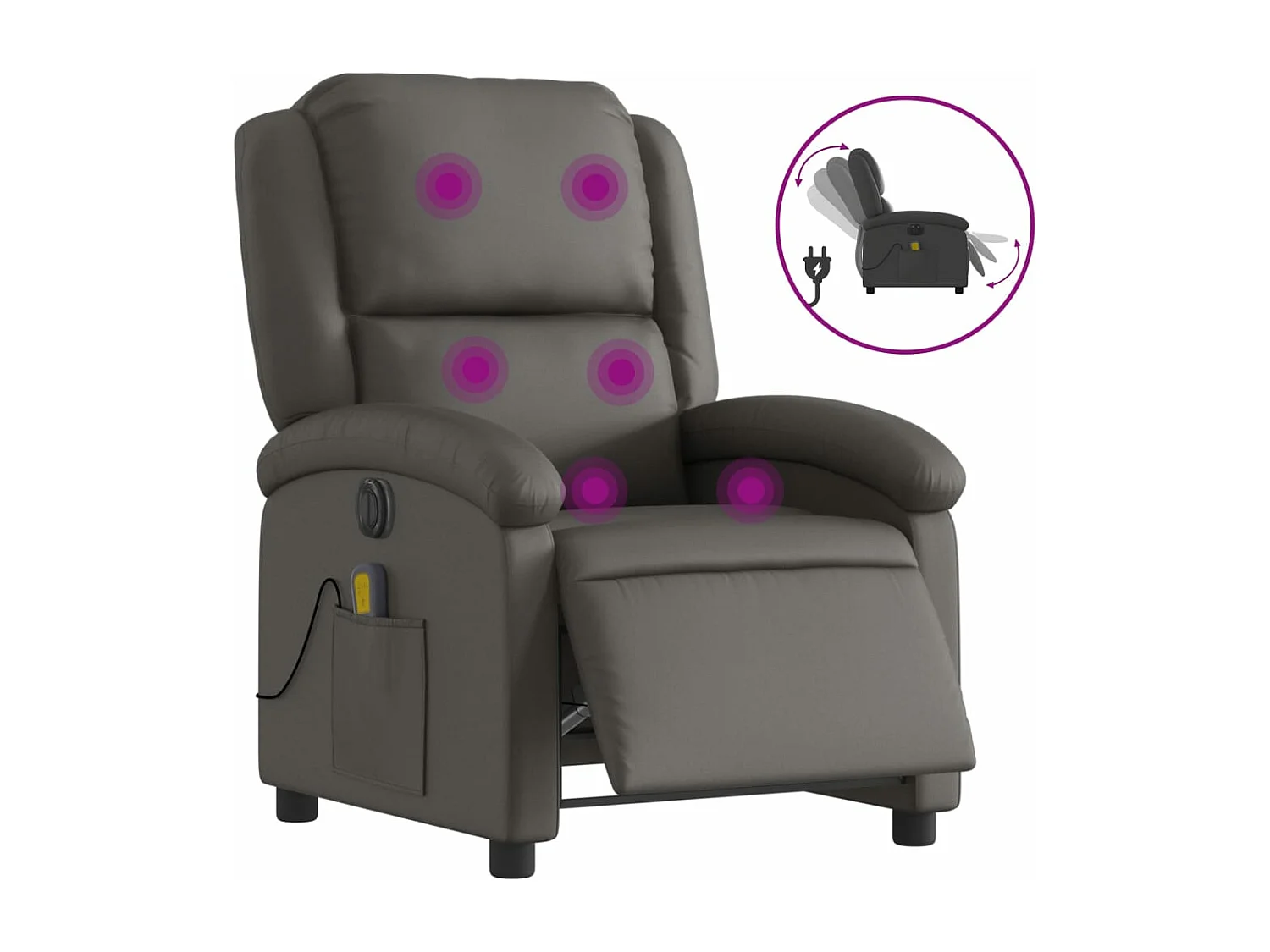 Fauteuil massant inclinable électrique gris cuir véritable