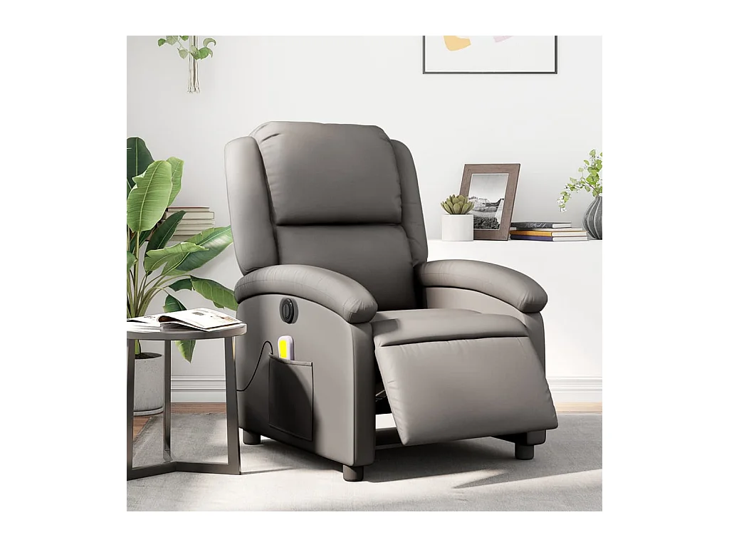 Fauteuil massant inclinable électrique gris cuir véritable
