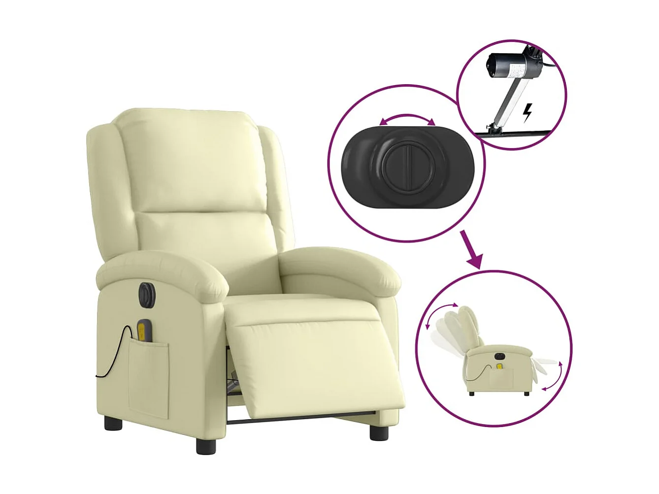 Fauteuil massant inclinable électrique crème cuir véritable