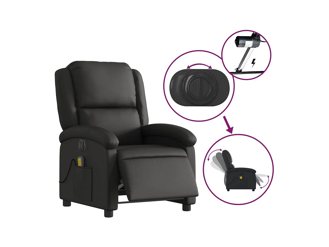 Fauteuil massant inclinable électrique noir cuir véritable