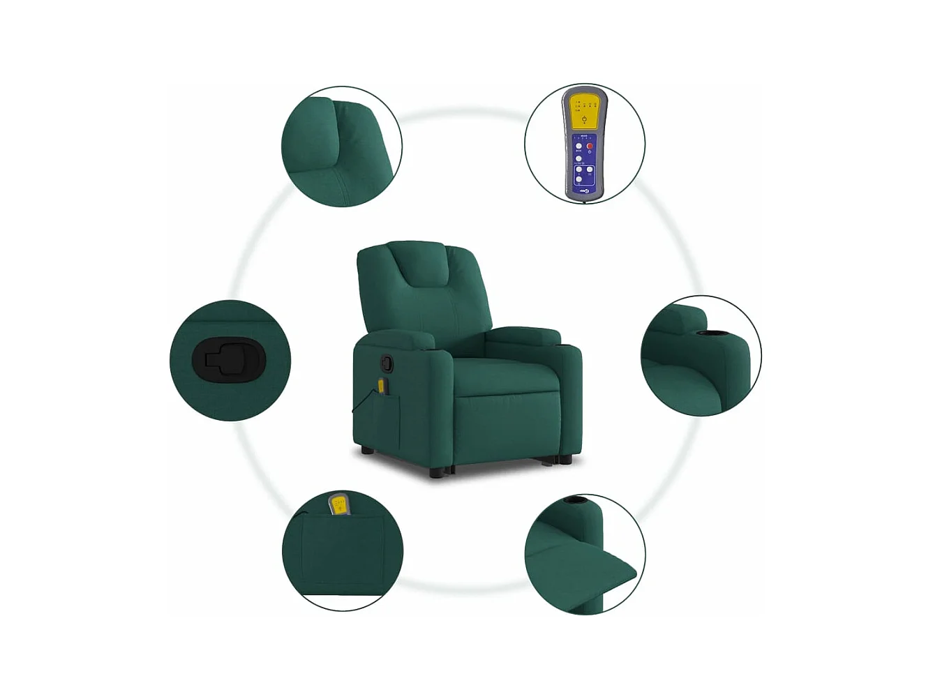Poltrona reclinável elevatória de massagens tecido verde-escuro