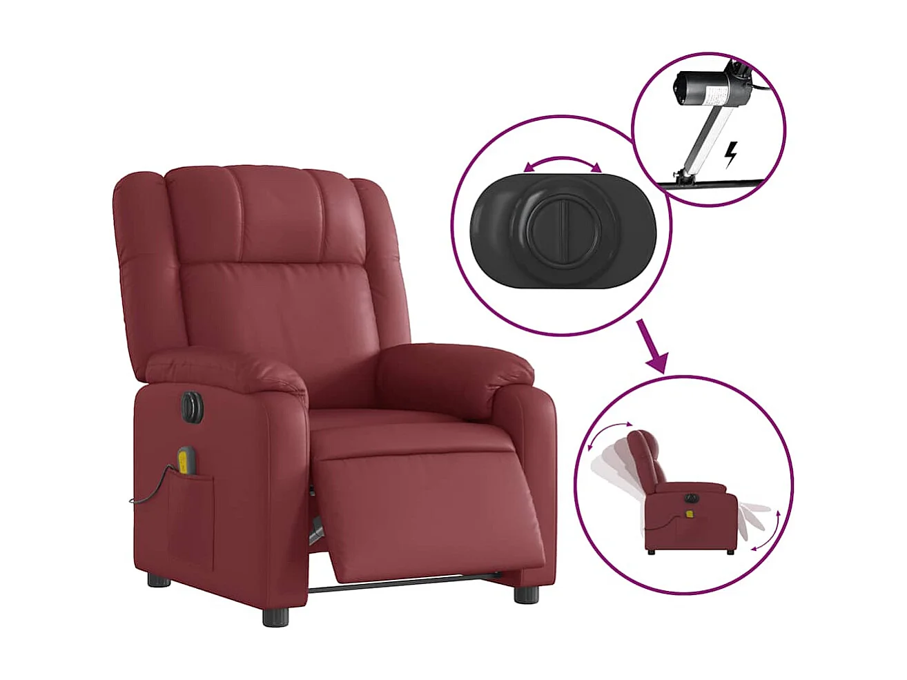 Sillón masaje reclinable eléctrico cuero sintético rojo tinto
