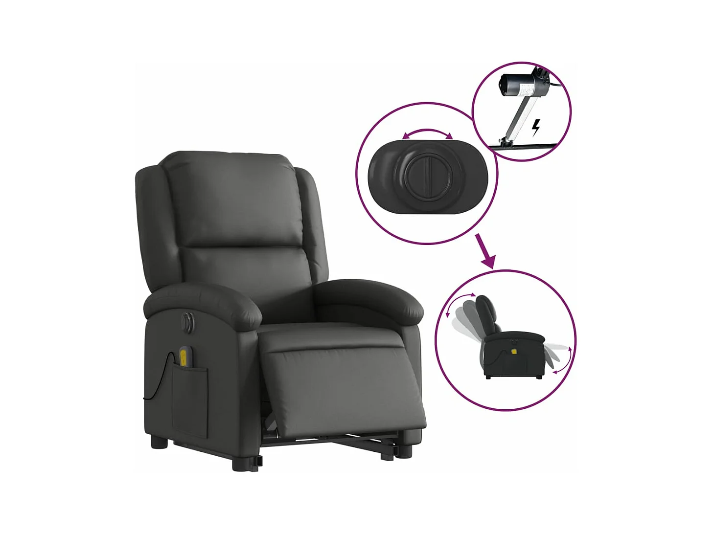 Fauteuil inclinable massant électrique noir cuir véritable