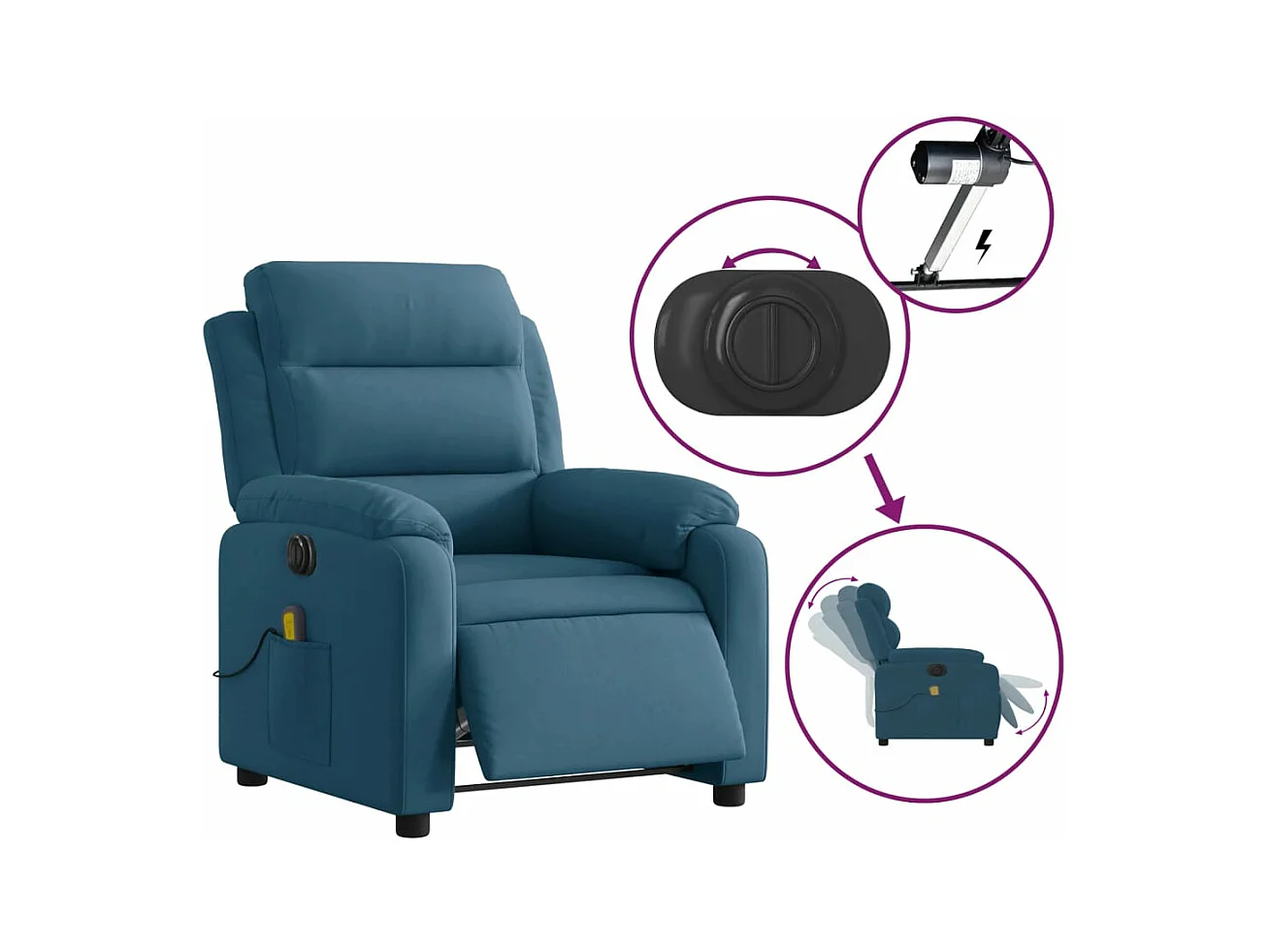 Fauteuil inclinable massant électrique bleu velours