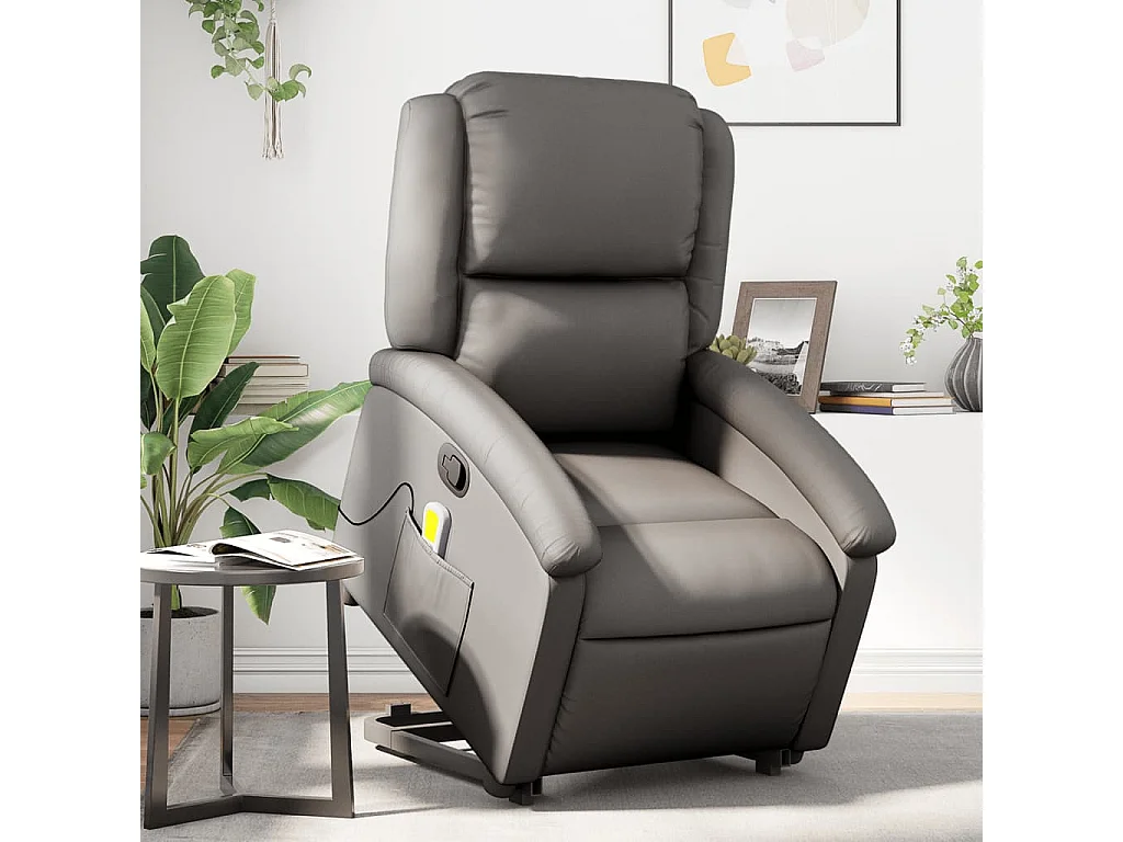 Fauteuil inclinable massant gris cuir véritable
