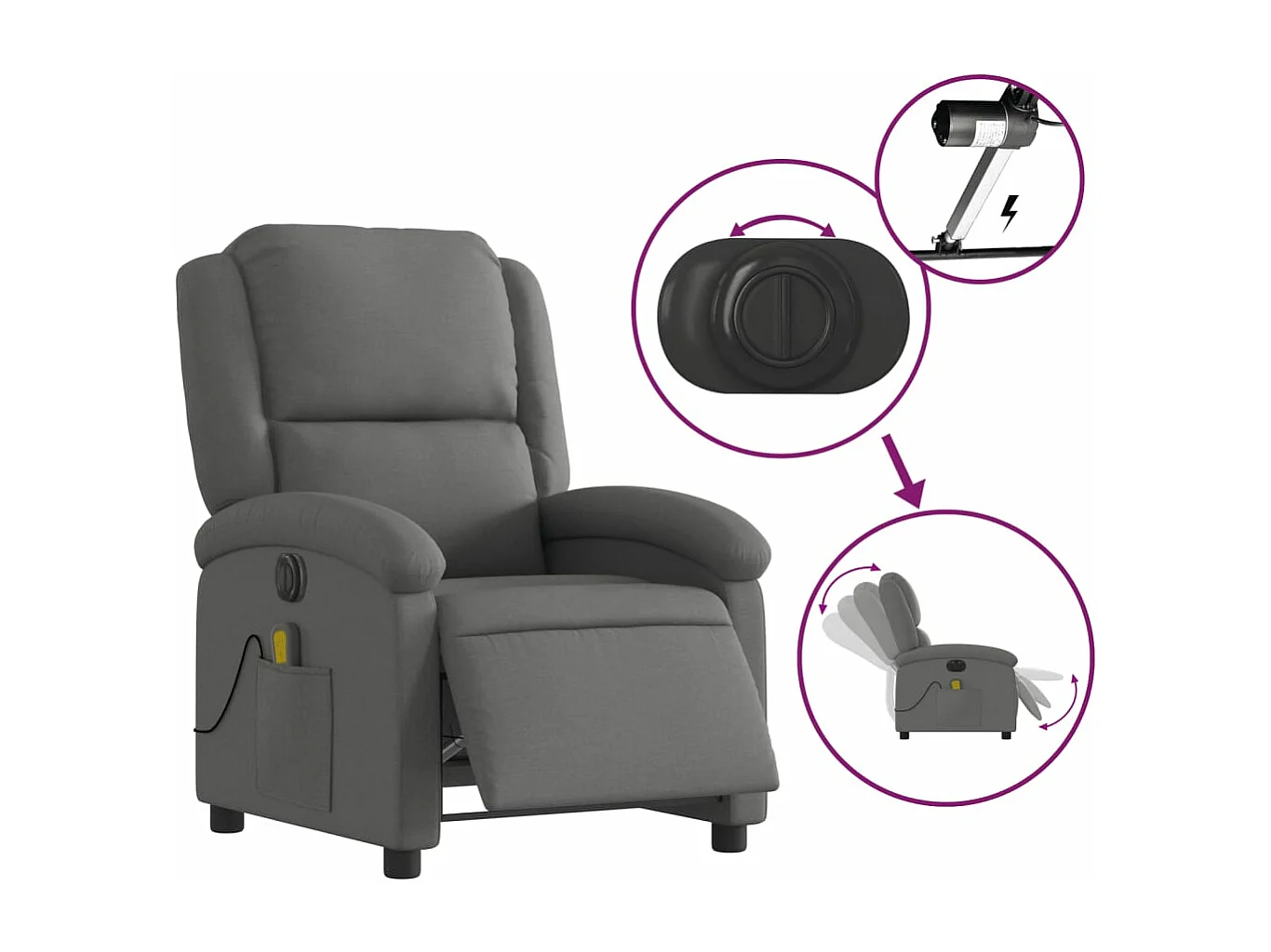 Fauteuil inclinable massant électrique gris foncé tissu