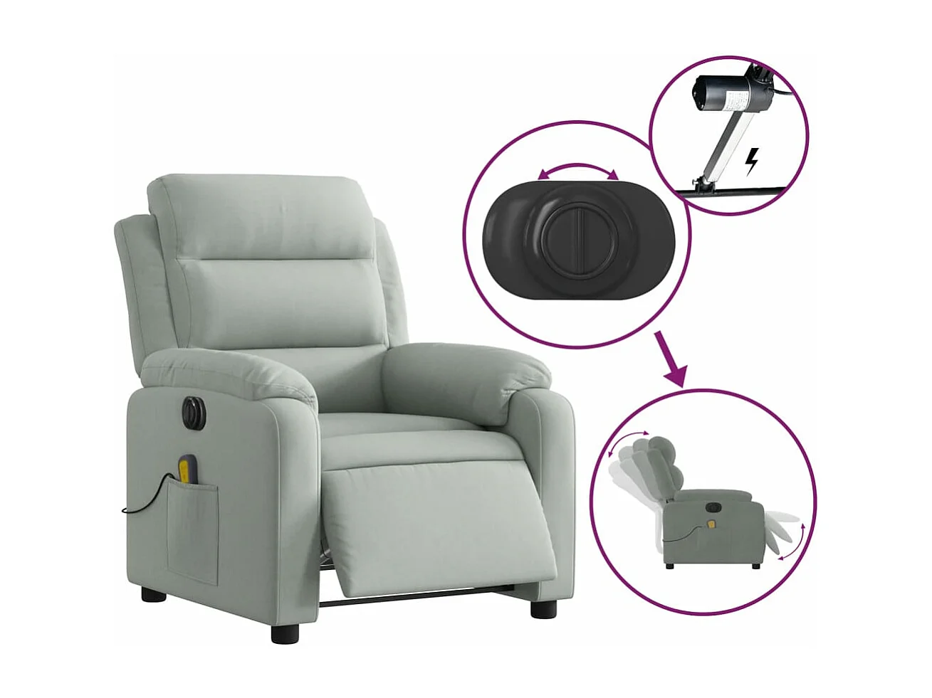Fauteuil inclinable électrique massant gris clair velours
