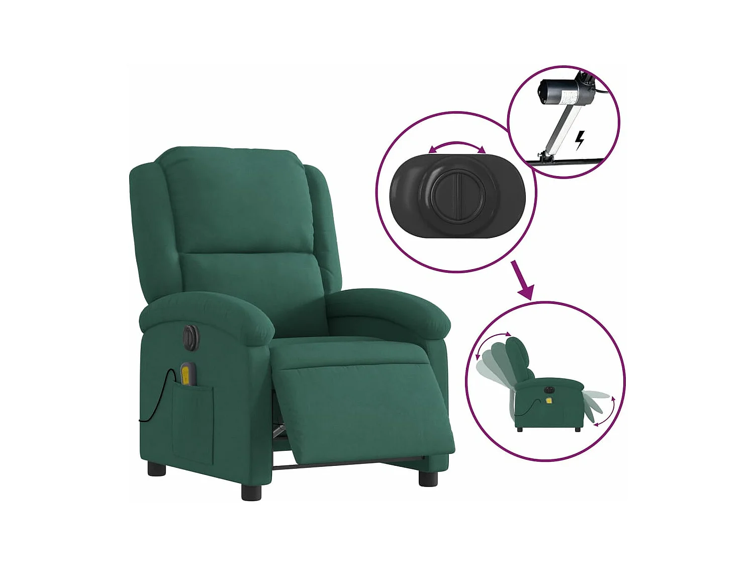 Sillón reclinable de masaje eléctrico terciopelo verde oscuro