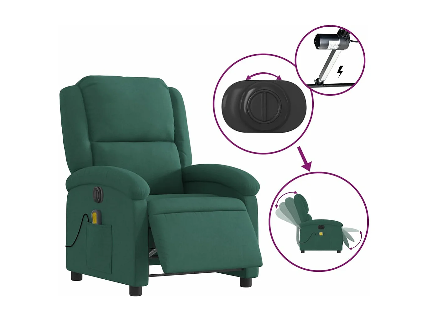 Sillón reclinable de masaje eléctrico terciopelo verde oscuro