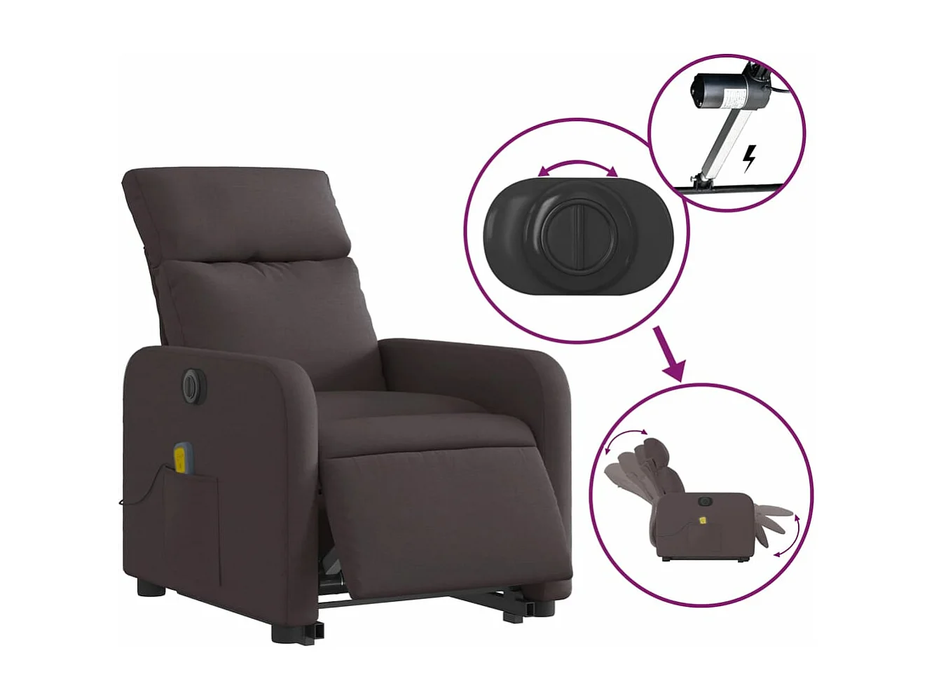Sillón masaje eléctrico reclinable elevable tela marrón oscuro