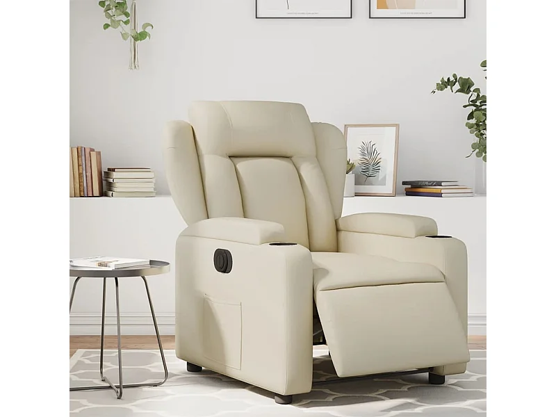Sillón reclinable eléctrico de cuero sintético crema